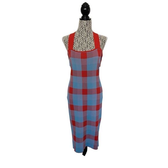 Parker Ayla Knit Midi Dress in Plaid Blue, Red Size M - Picture 4 of 12